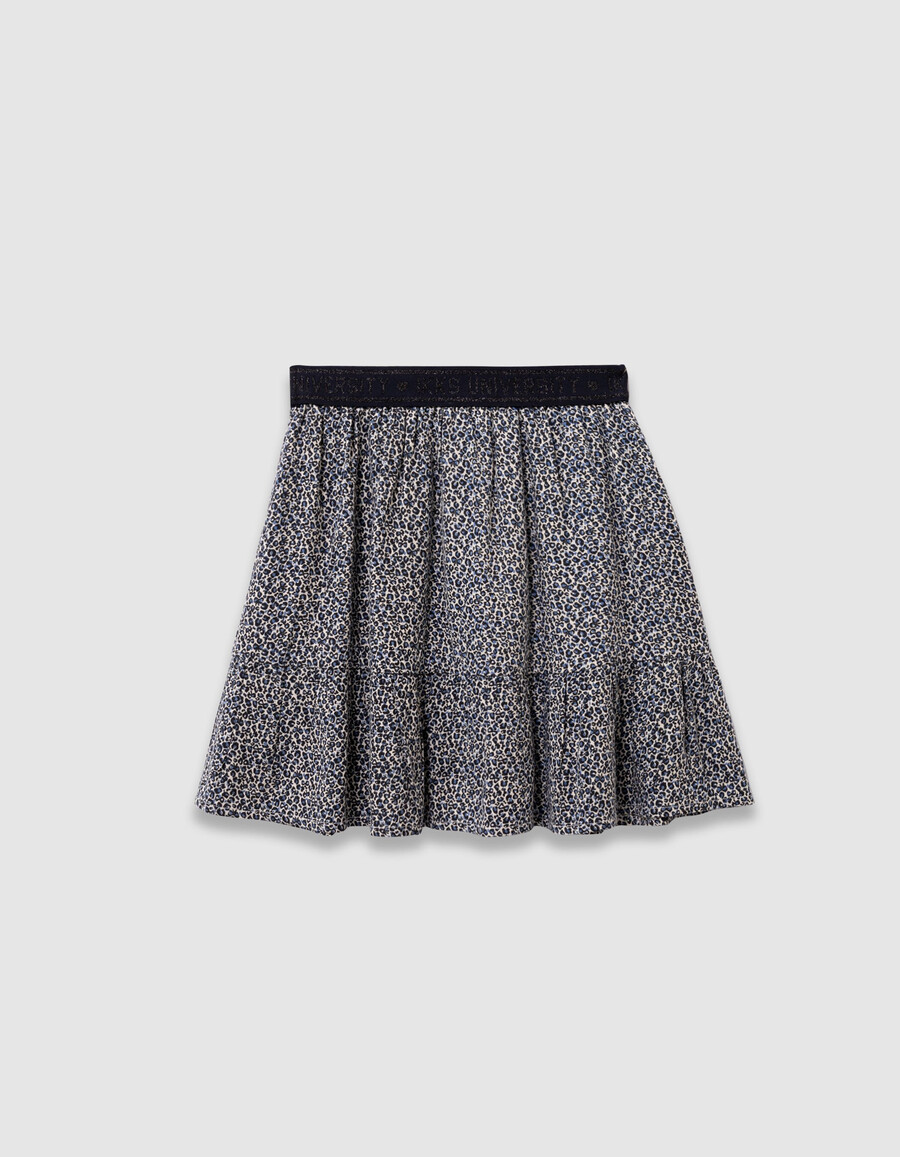 gonna corta blu navy per bambine con stampa leopardata e fiocco