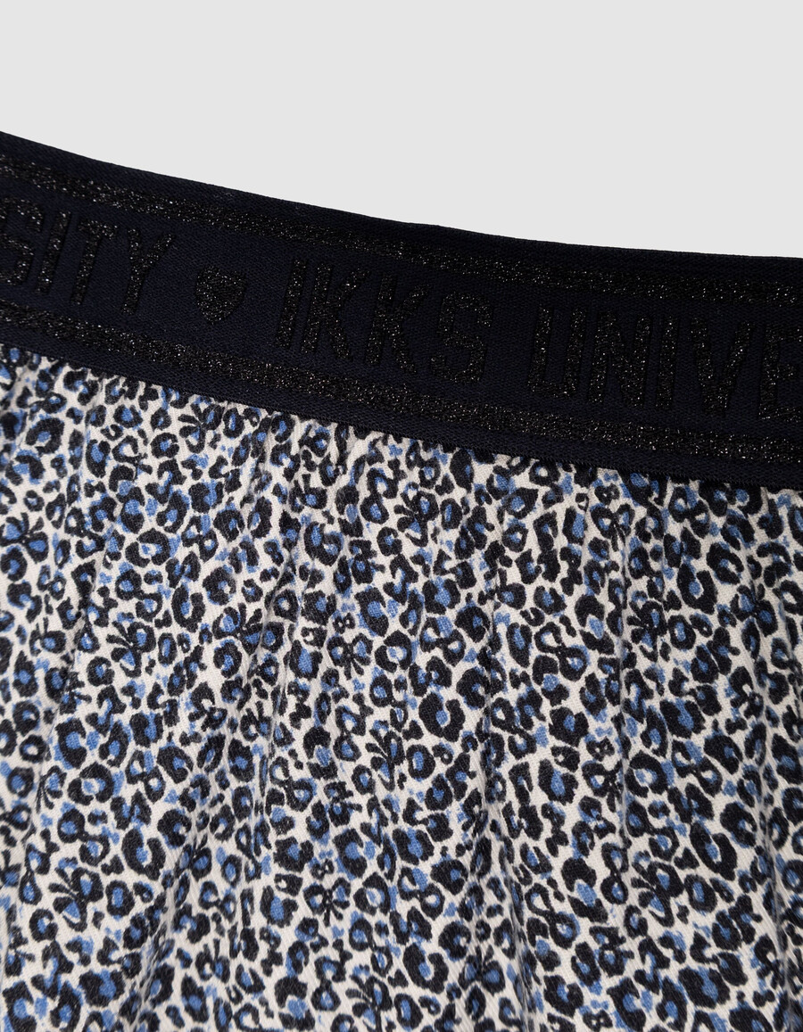 gonna corta blu navy per bambine con stampa leopardata e fiocco