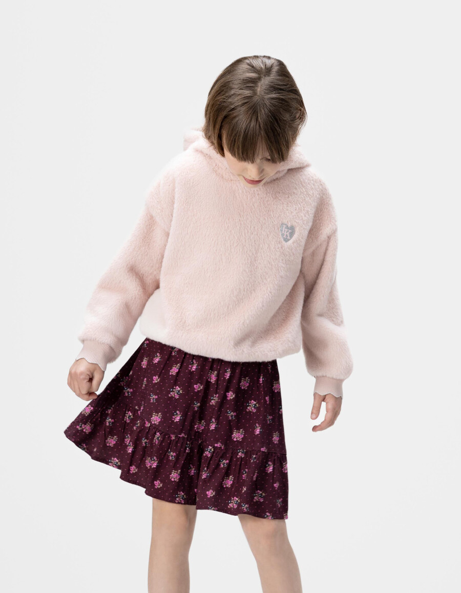 gonna corta bordeaux con stampa bouquet per bambine