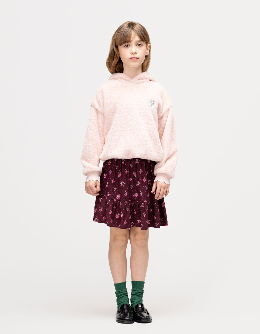 gonna corta bordeaux con stampa bouquet per bambine