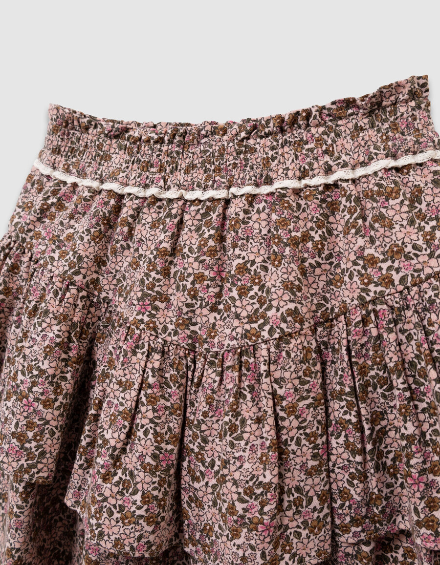 gonna corta rosa da bambina con stampa floreale autunnale