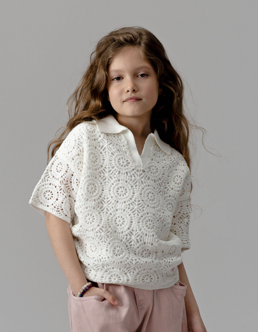 maglia bianca a maniche corte per bambine collo polo alluncinetto