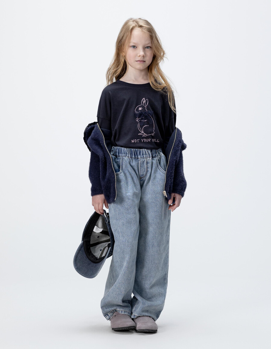 t-shirt blu navy in cotone biologico per bambine coniglio nastro 3d