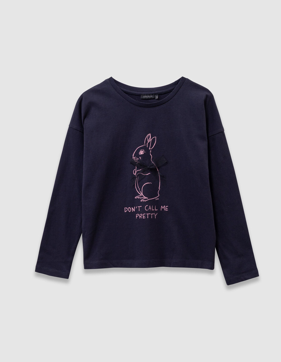 t-shirt blu navy in cotone biologico per bambine coniglio nastro 3d