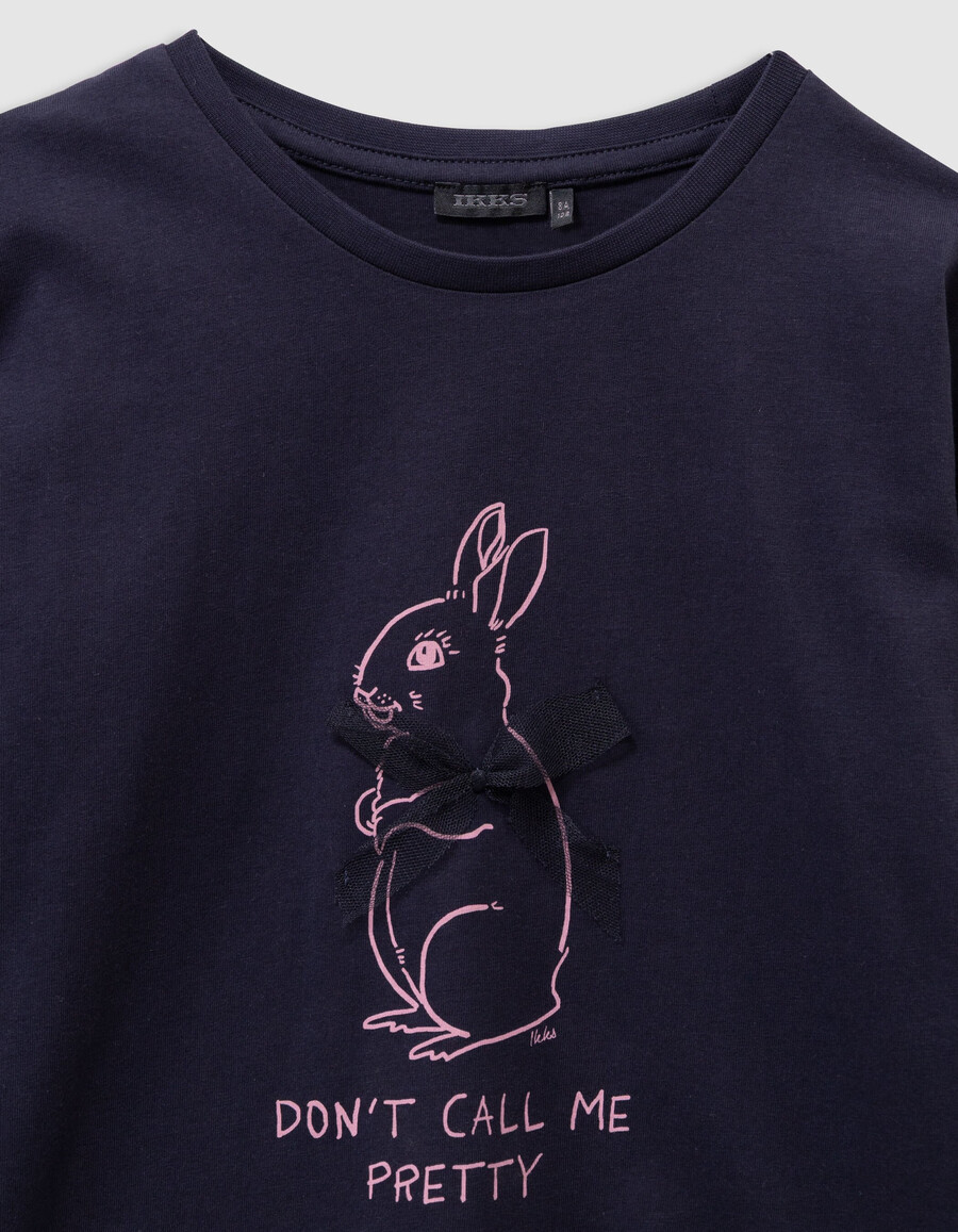 t-shirt blu navy in cotone biologico per bambine coniglio nastro 3d