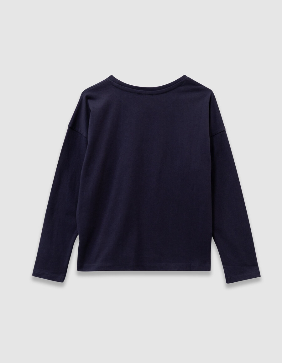 t-shirt blu navy in cotone biologico per bambine coniglio nastro 3d