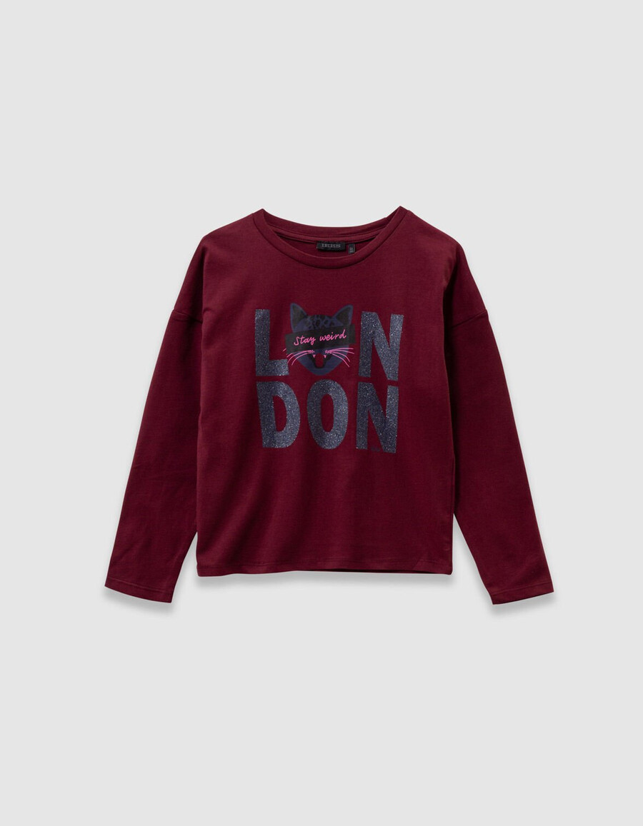 maglietta da bambina in cotone biologico bordeaux con slogan e gatto