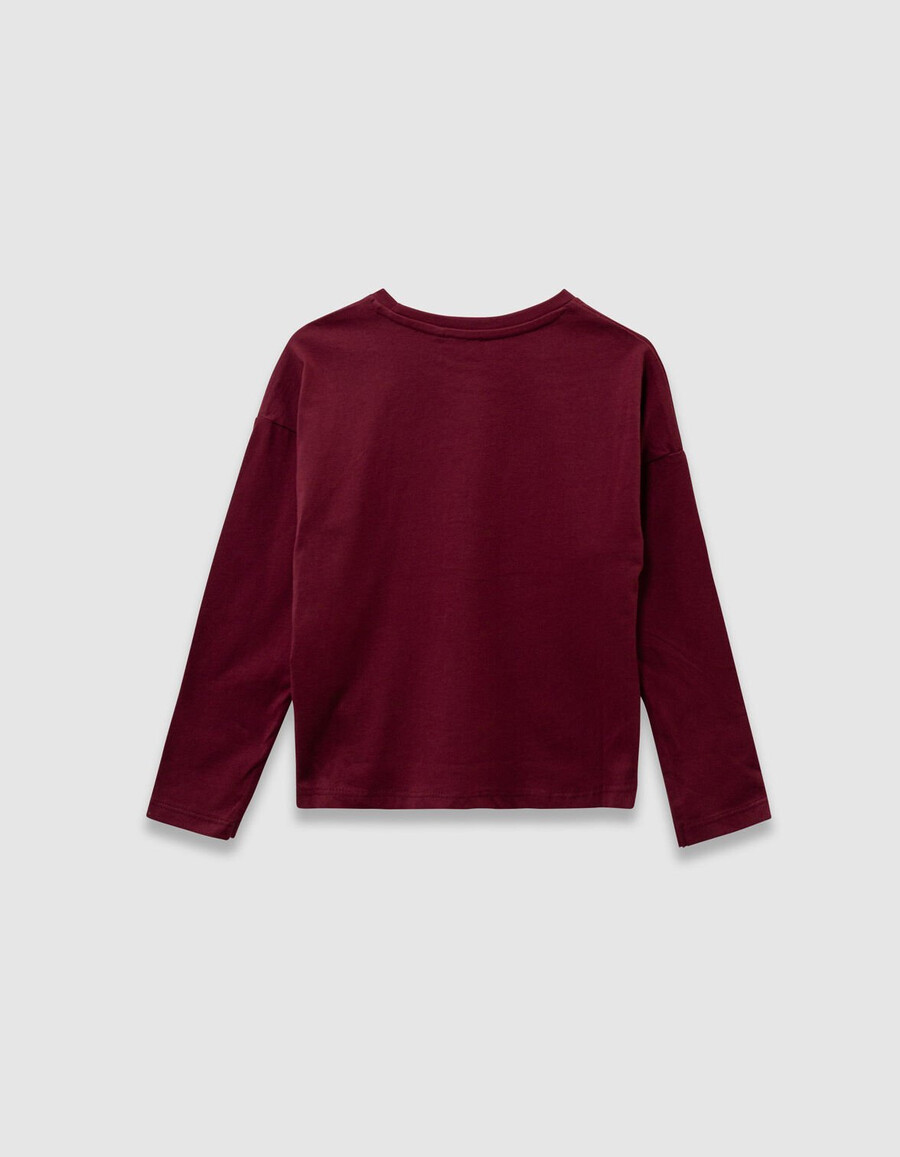 maglietta da bambina in cotone biologico bordeaux con slogan e gatto