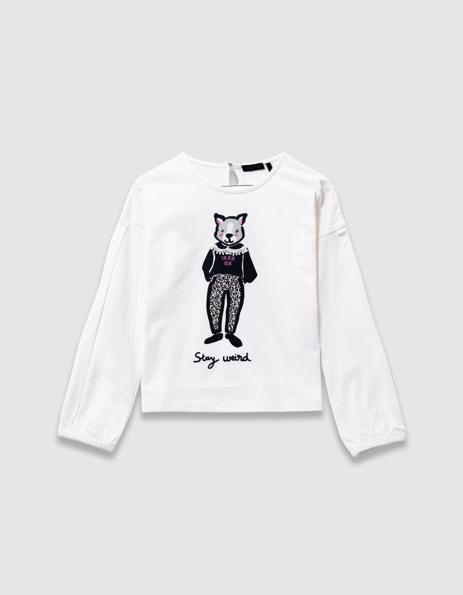 t-shirt da bambina in cotone biologico color écru con coniglio e colletto in pizzo 3d