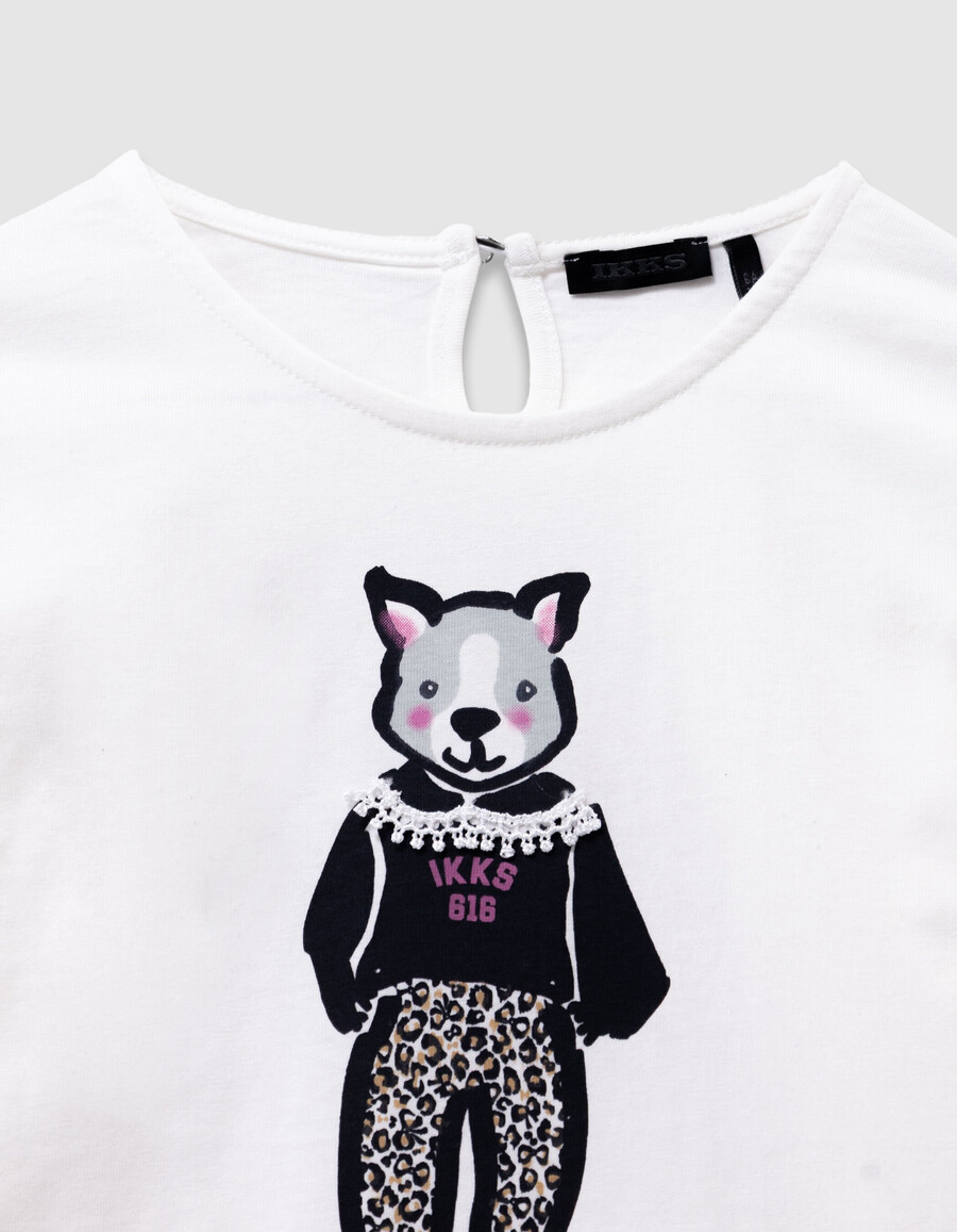 t-shirt da bambina in cotone biologico color écru con coniglio e colletto in pizzo 3d