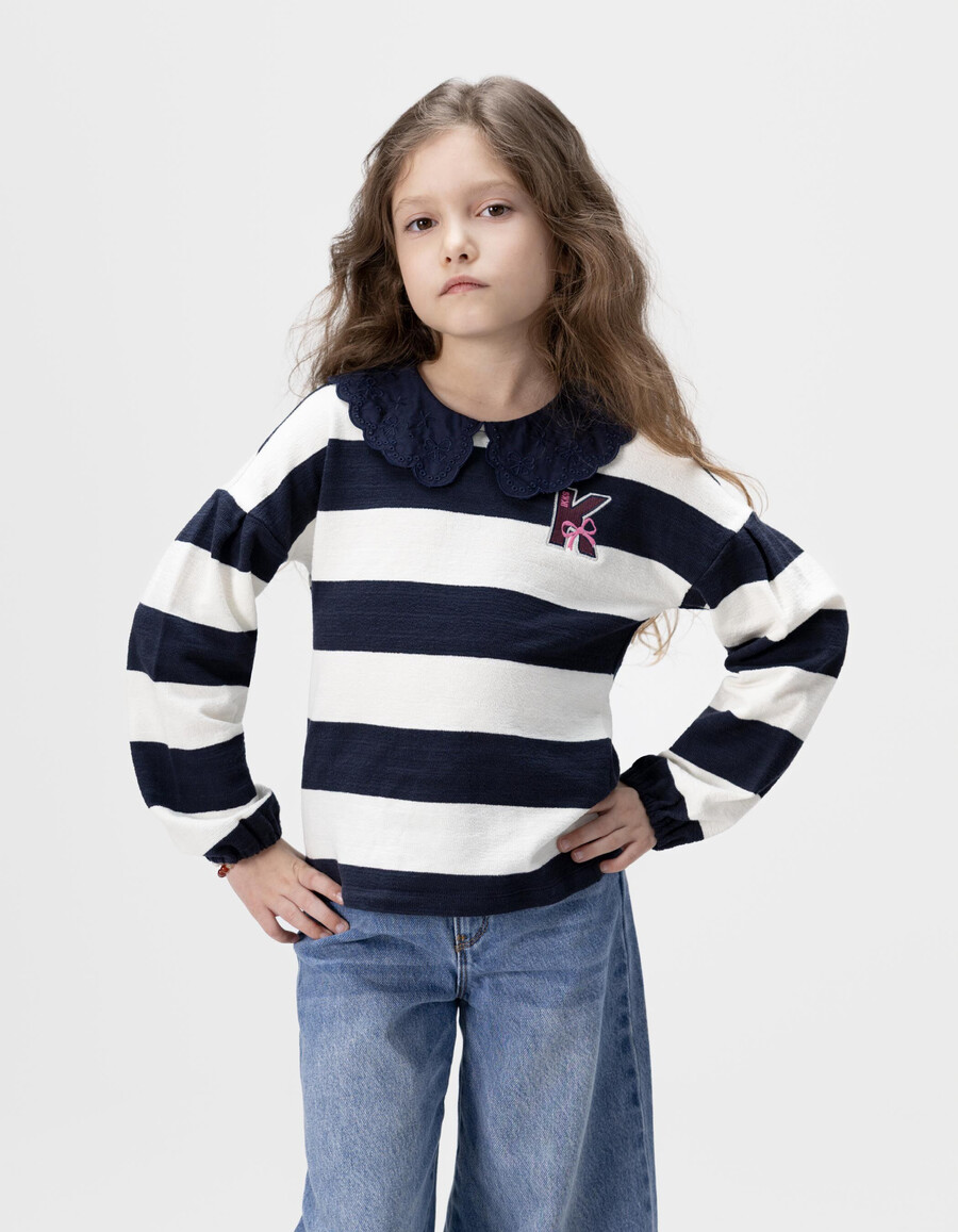 t-shirt da marinaio a righe blu navyécru per bambine colletto ricamato