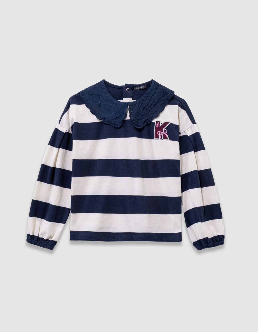 t-shirt da marinaio a righe blu navyécru per bambine colletto ricamato