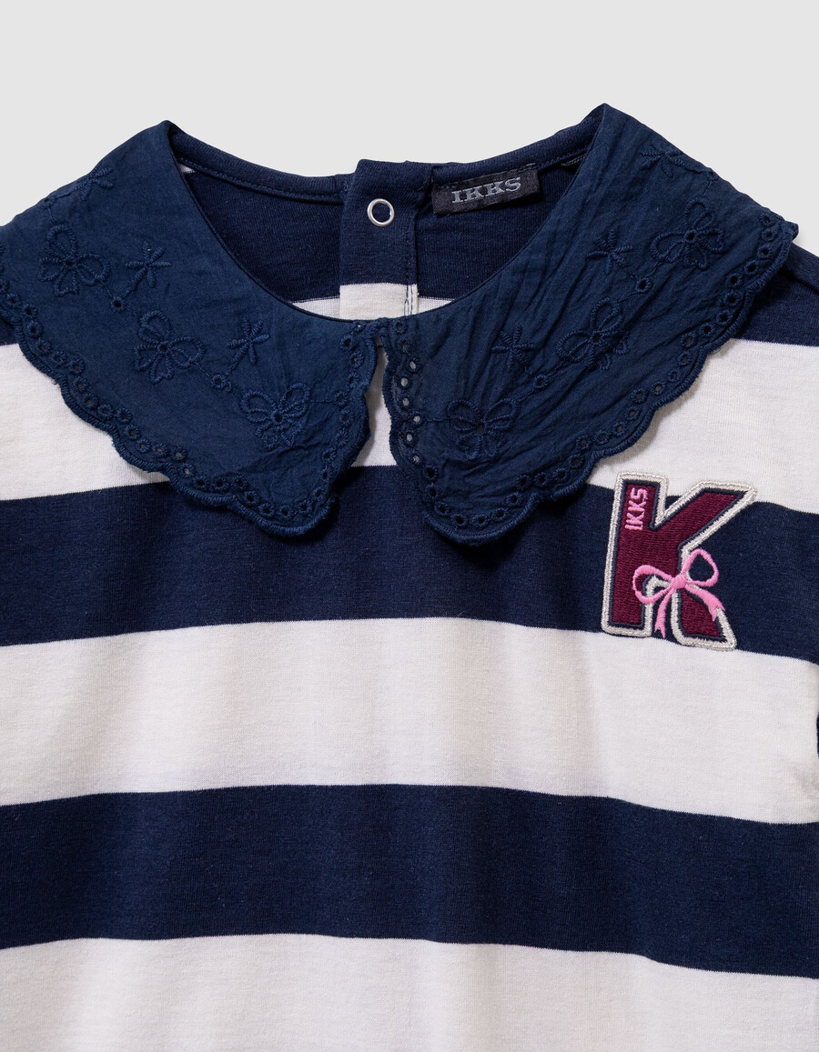 t-shirt da marinaio a righe blu navyécru per bambine colletto ricamato