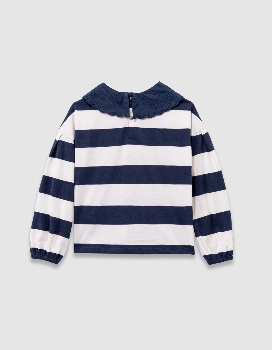 t-shirt da marinaio a righe blu navyécru per bambine colletto ricamato
