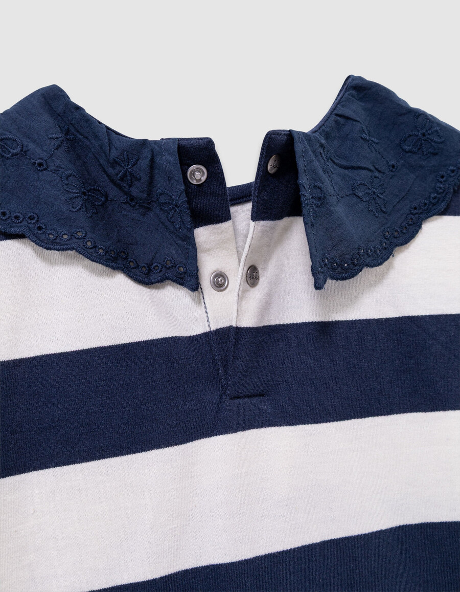 t-shirt da marinaio a righe blu navyécru per bambine colletto ricamato