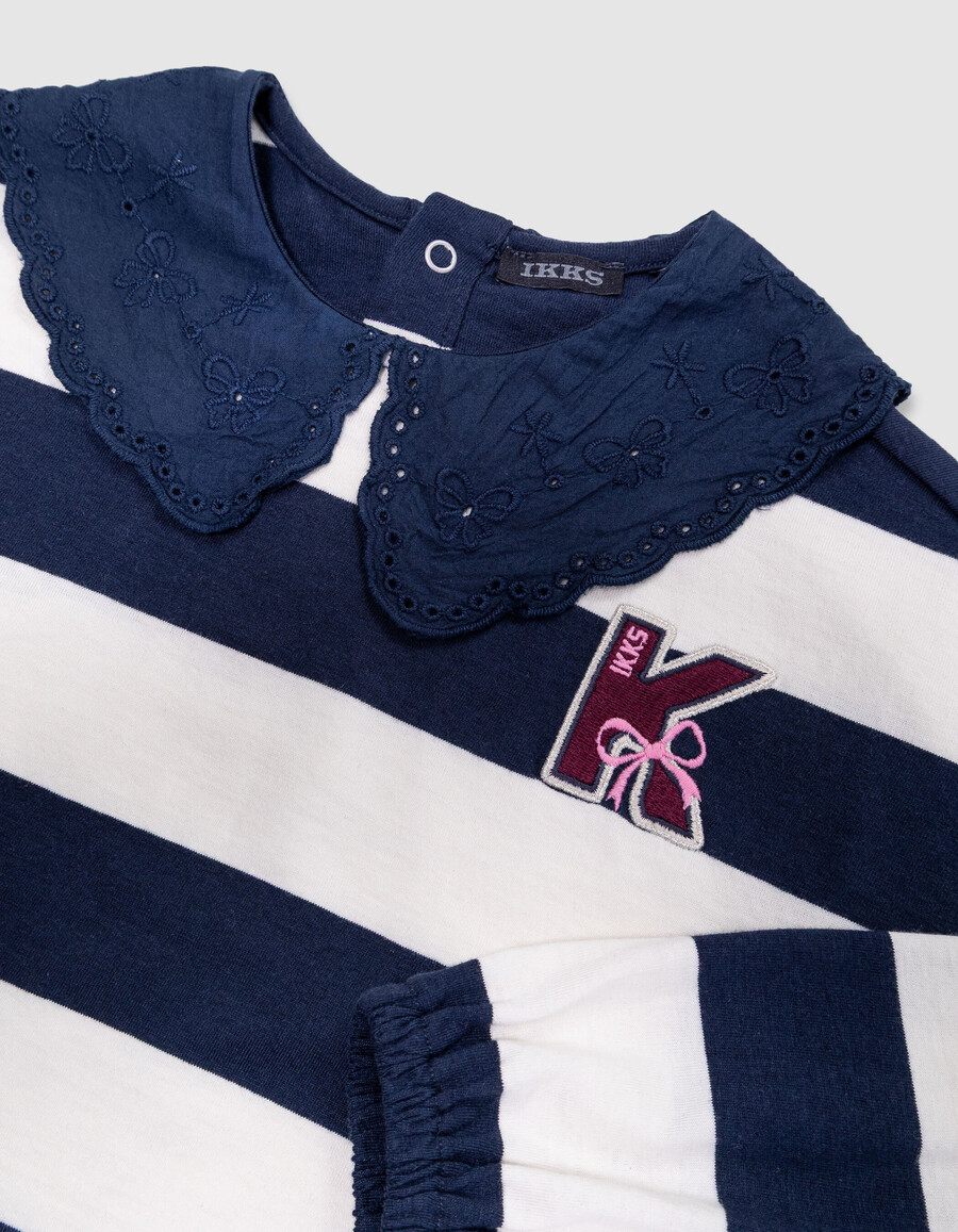 t-shirt da marinaio a righe blu navyécru per bambine colletto ricamato
