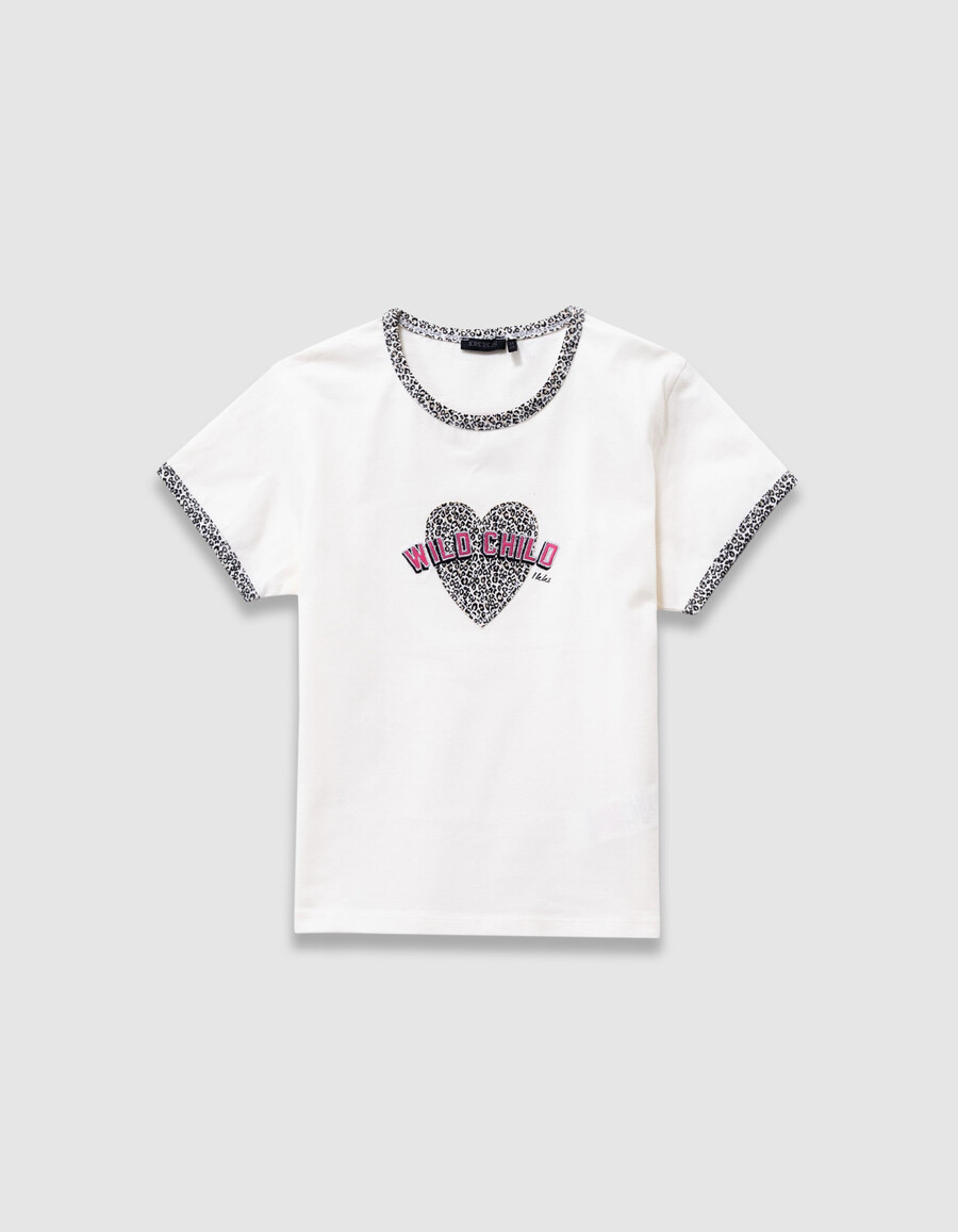 t-shirt da bambina in cotone biologico color écru con stampa leopardata e fiocco