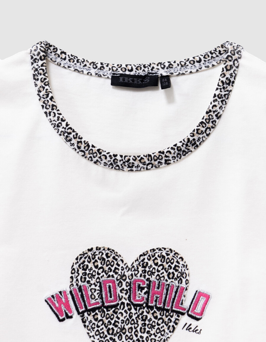 t-shirt da bambina in cotone biologico color écru con stampa leopardata e fiocco