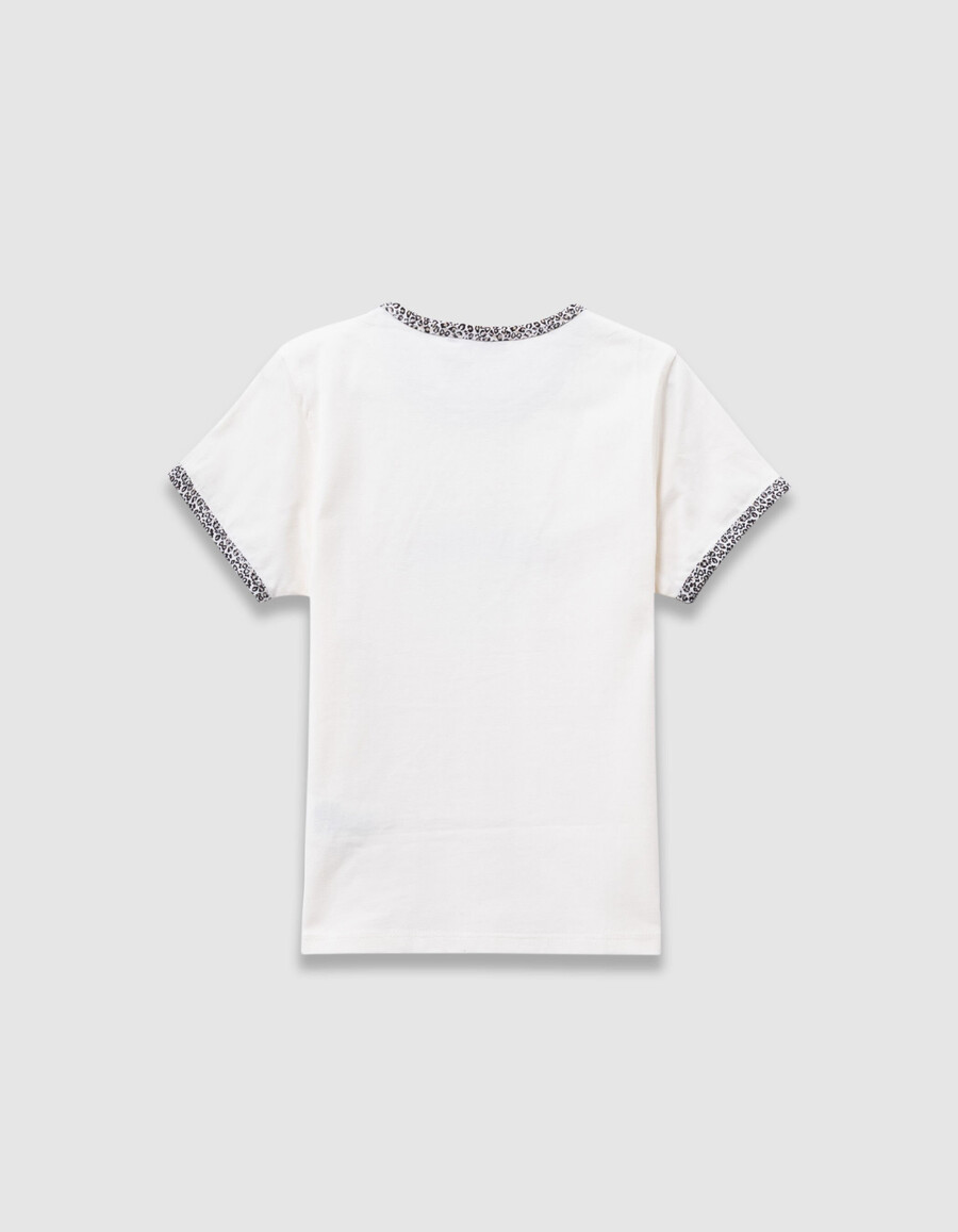 t-shirt da bambina in cotone biologico color écru con stampa leopardata e fiocco