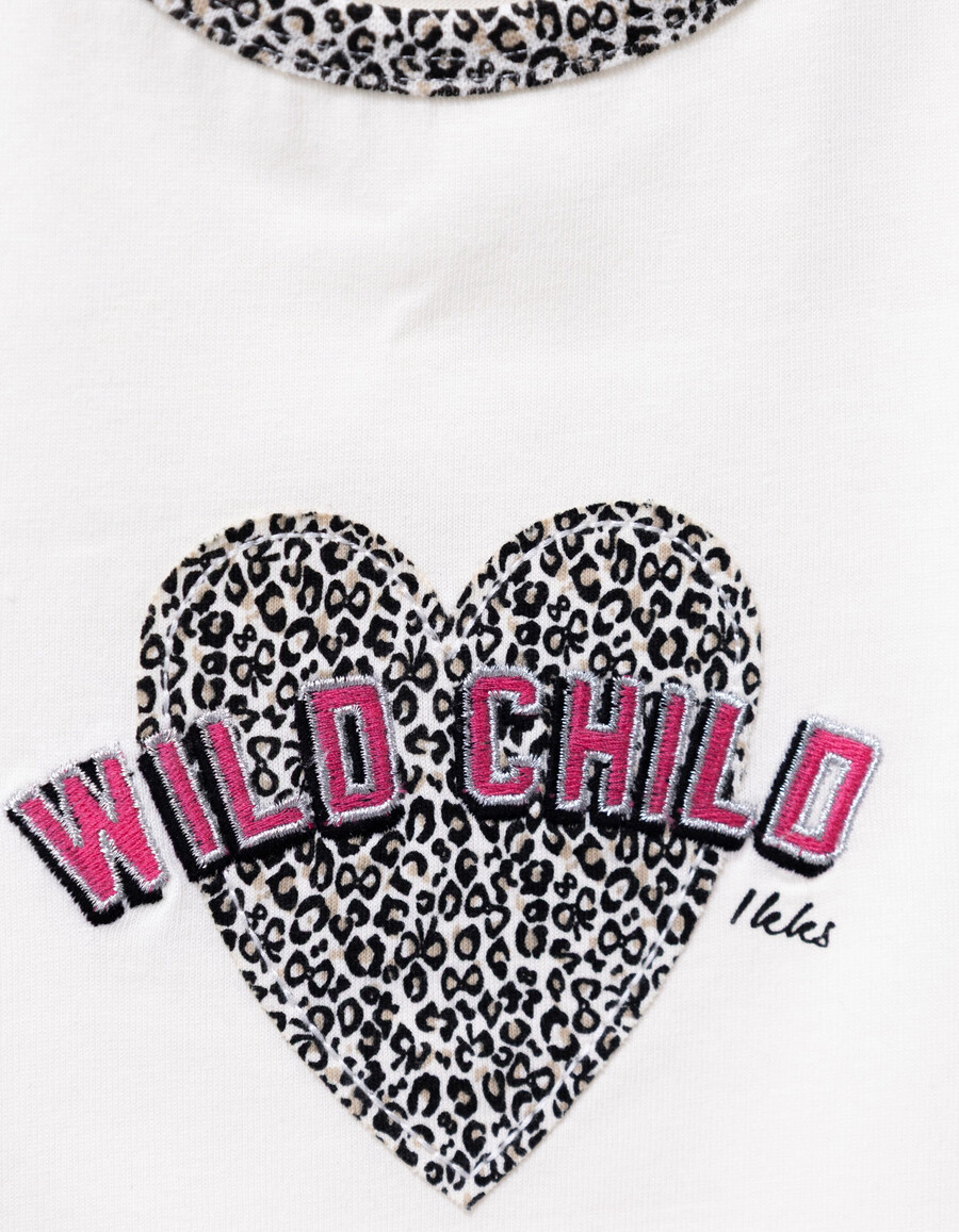t-shirt da bambina in cotone biologico color écru con stampa leopardata e fiocco