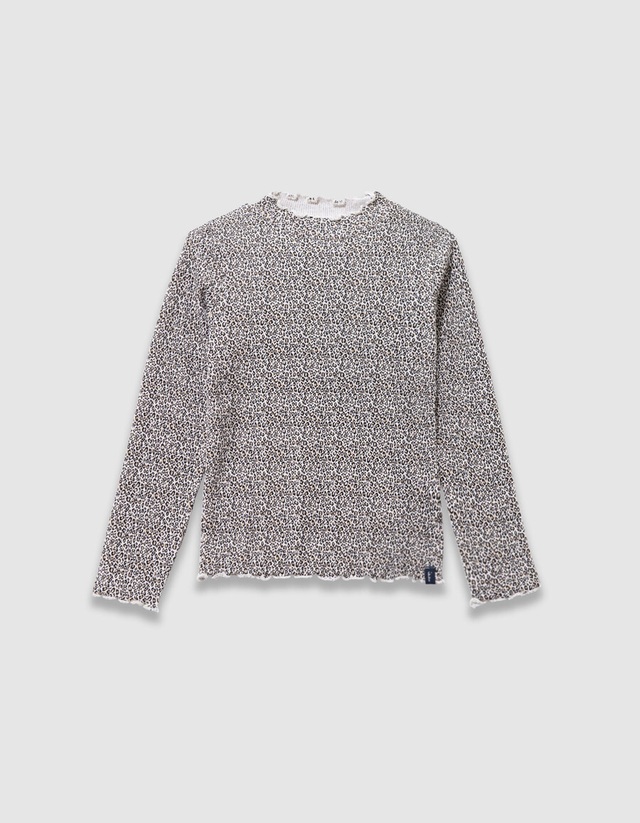 maglietta beige a collo alto con stampa leopardata e fiocco per bambine