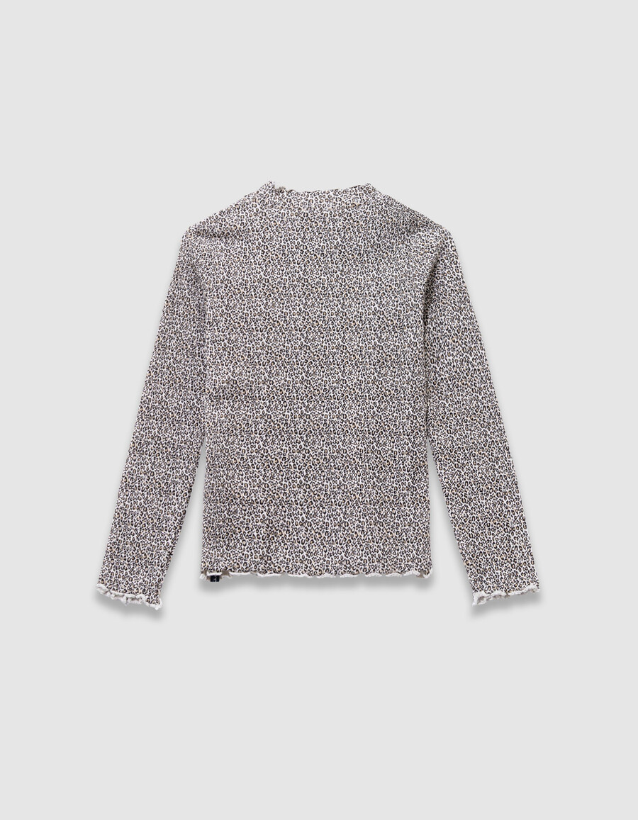 maglietta beige a collo alto con stampa leopardata e fiocco per bambine