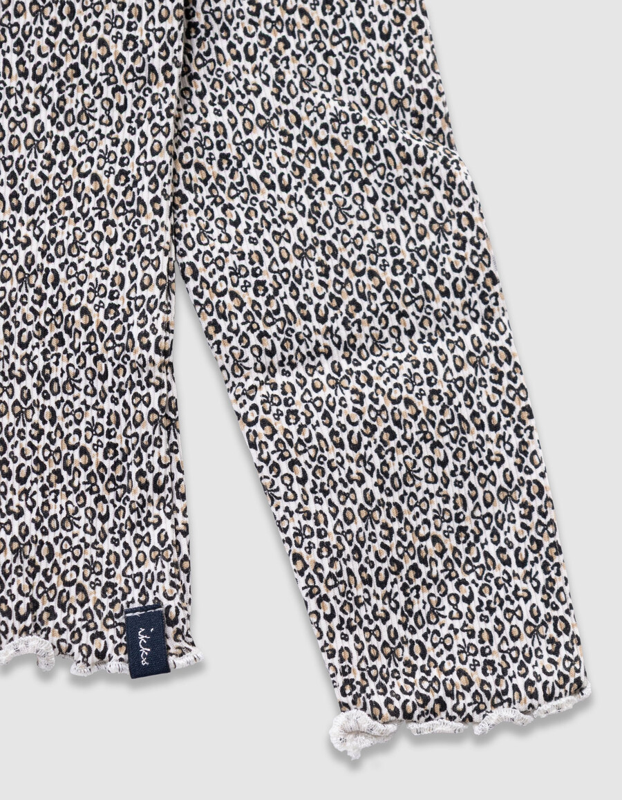 maglietta beige a collo alto con stampa leopardata e fiocco per bambine