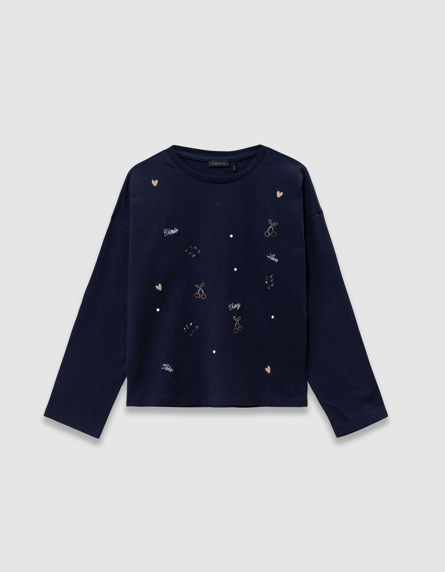 t-shirt blu navy da bambina con ricamo e mix di strass