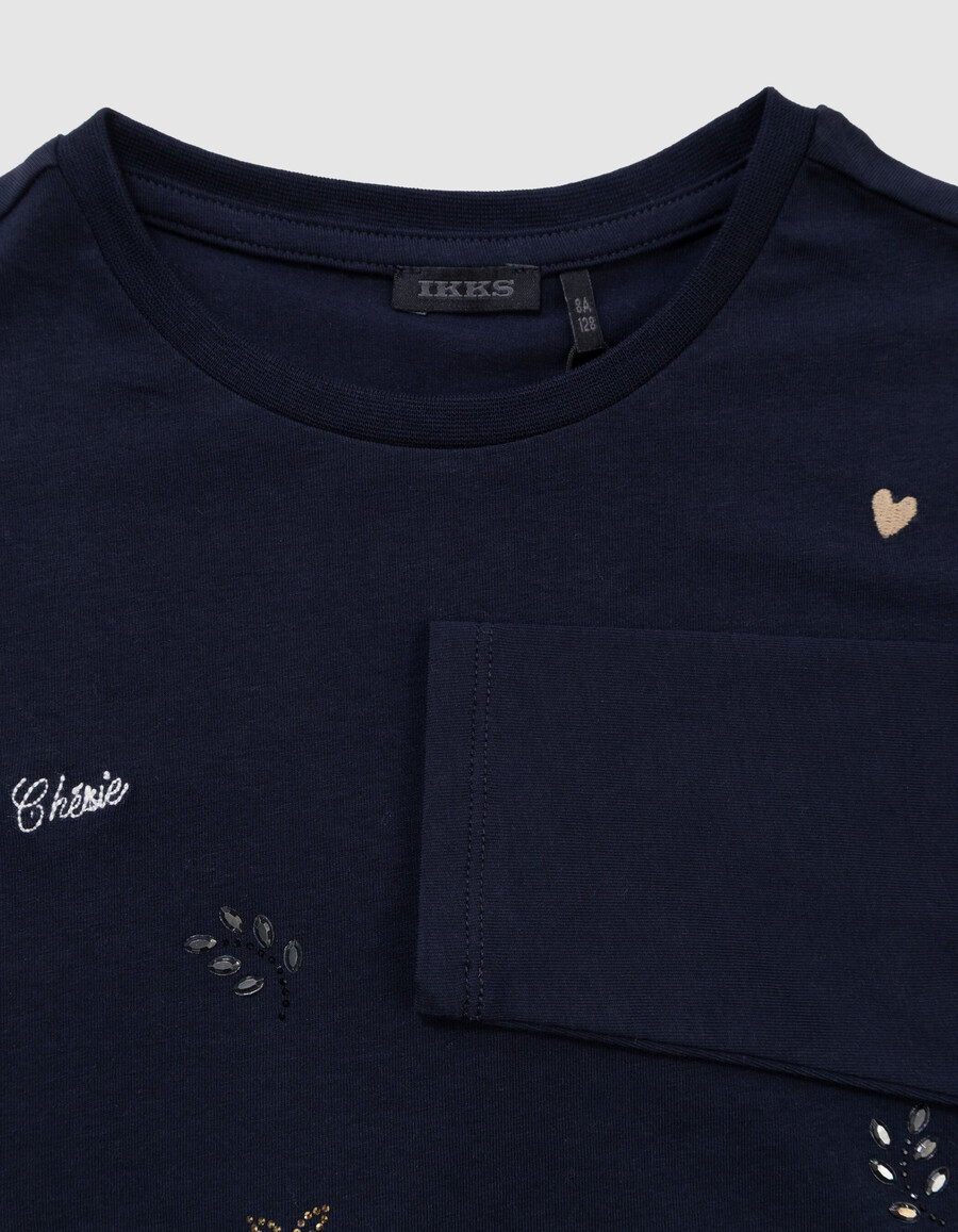 t-shirt blu navy da bambina con ricamo e mix di strass