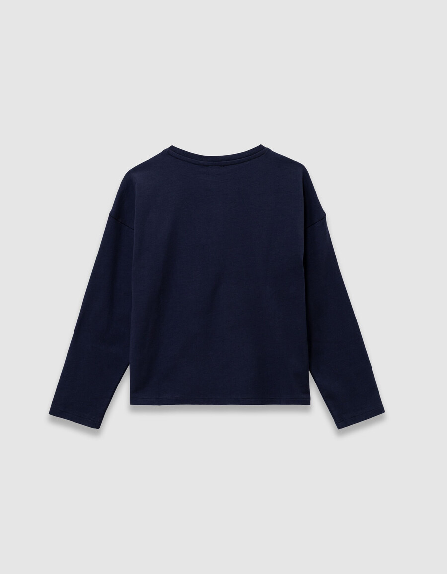 t-shirt blu navy da bambina con ricamo e mix di strass