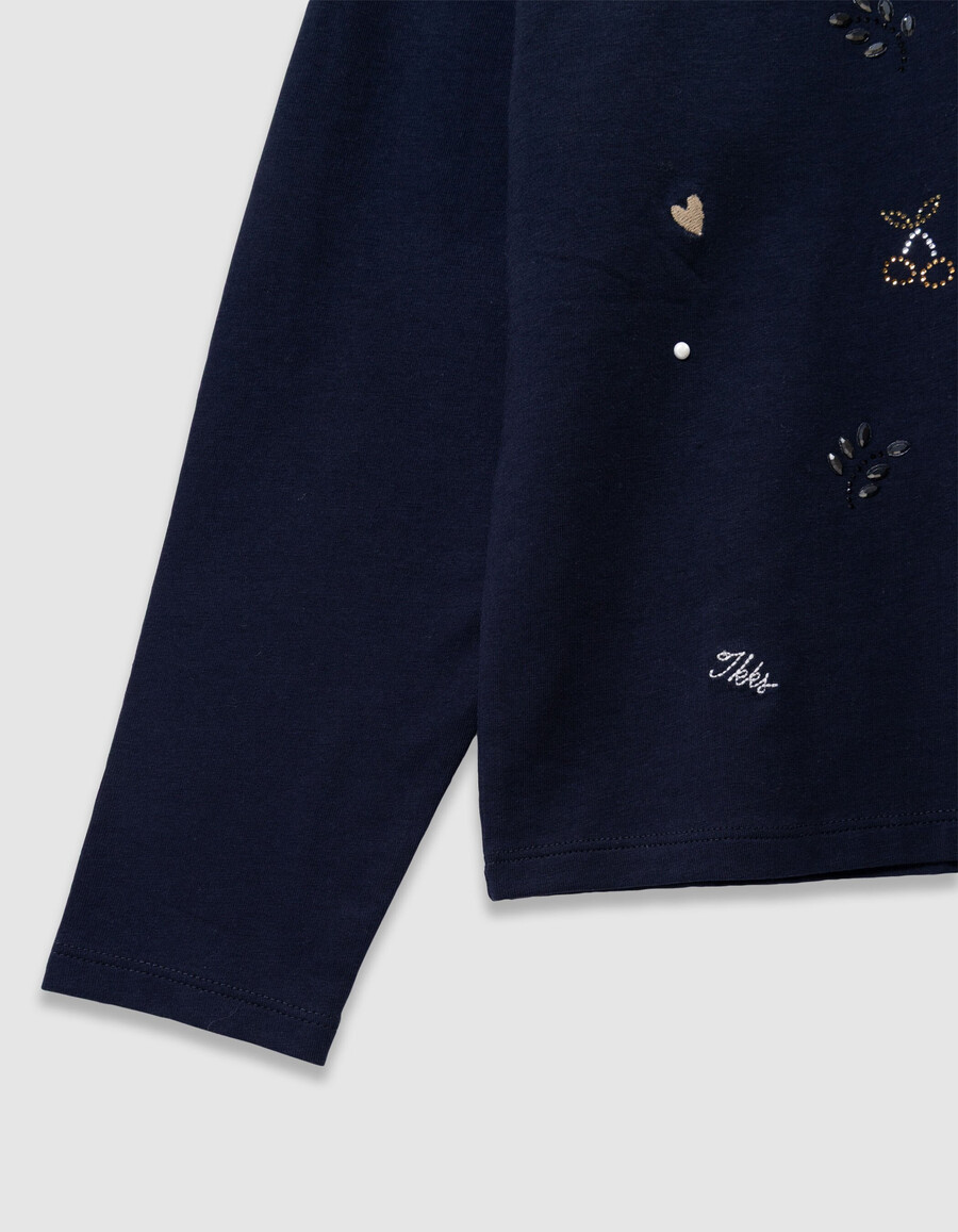 t-shirt blu navy da bambina con ricamo e mix di strass