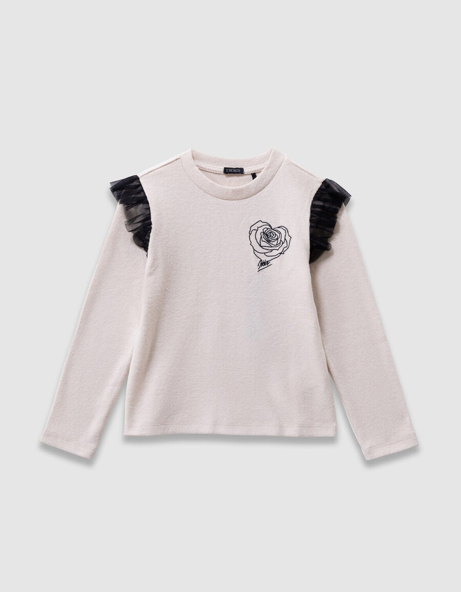 t-shirt beige da bambina ricamo di rose e volant in tulle