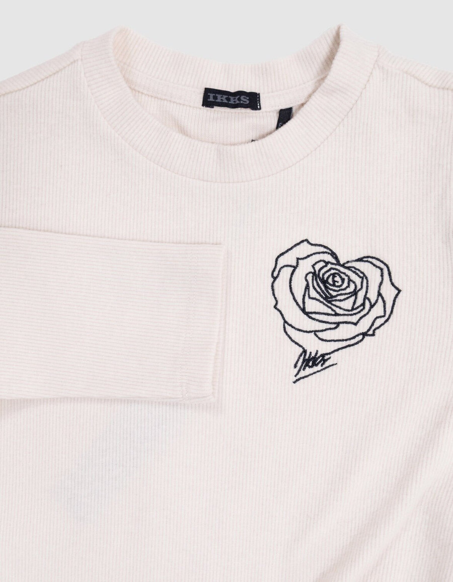 t-shirt beige da bambina ricamo di rose e volant in tulle