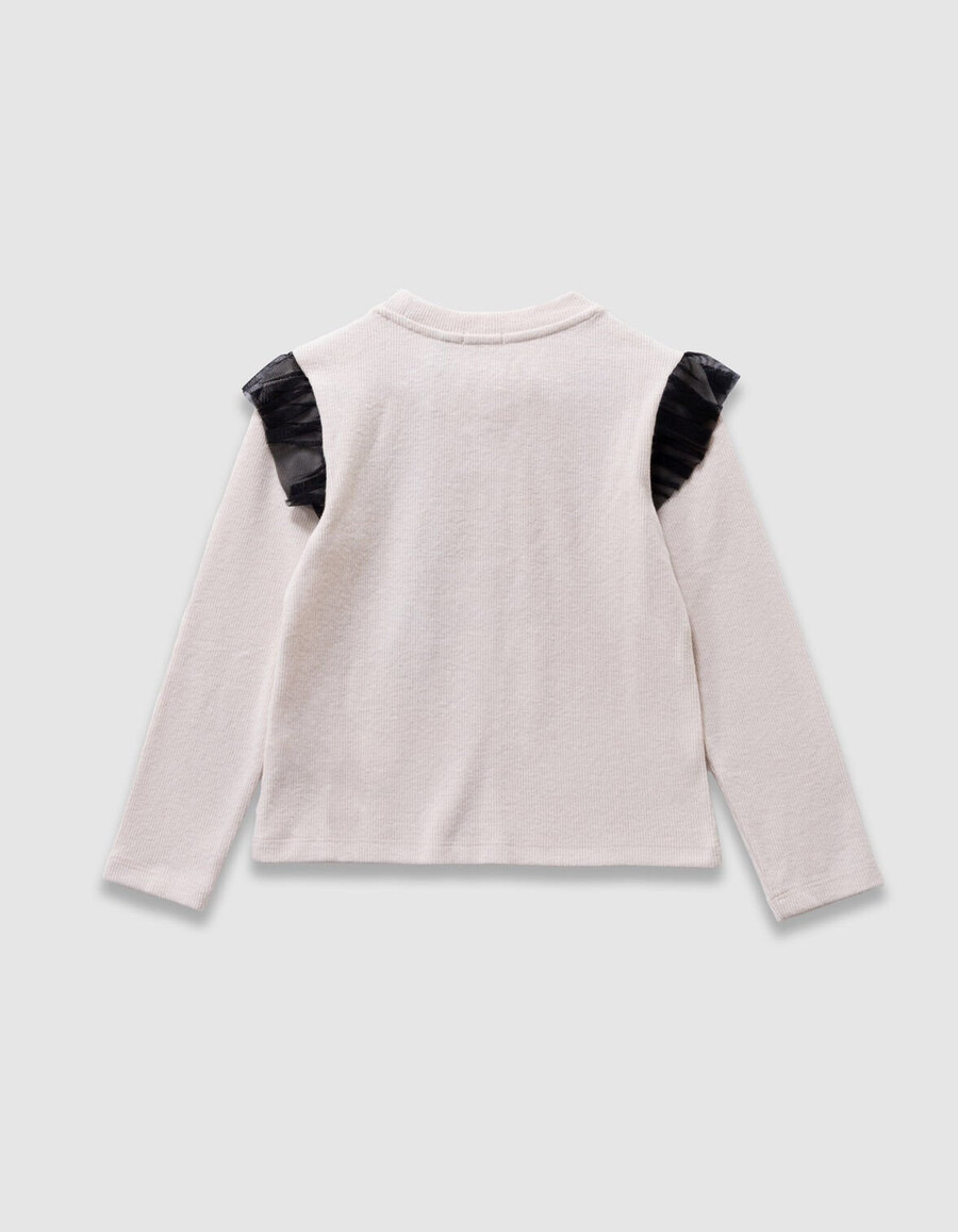 t-shirt beige da bambina ricamo di rose e volant in tulle