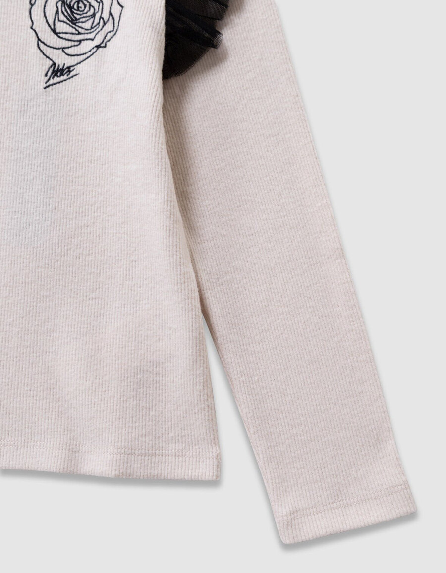 t-shirt beige da bambina ricamo di rose e volant in tulle