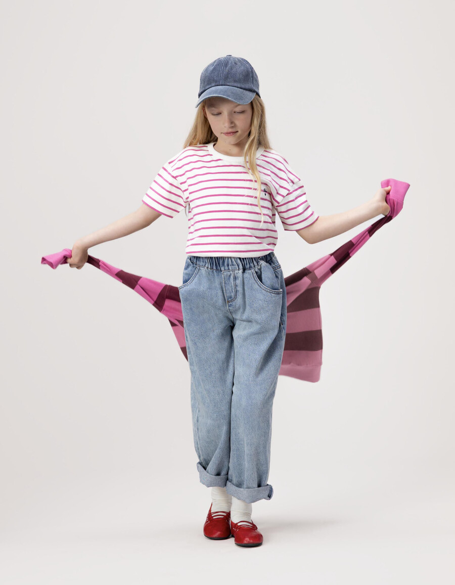 maglietta da marinaio in cotone biologico per bambine con strisce rosa