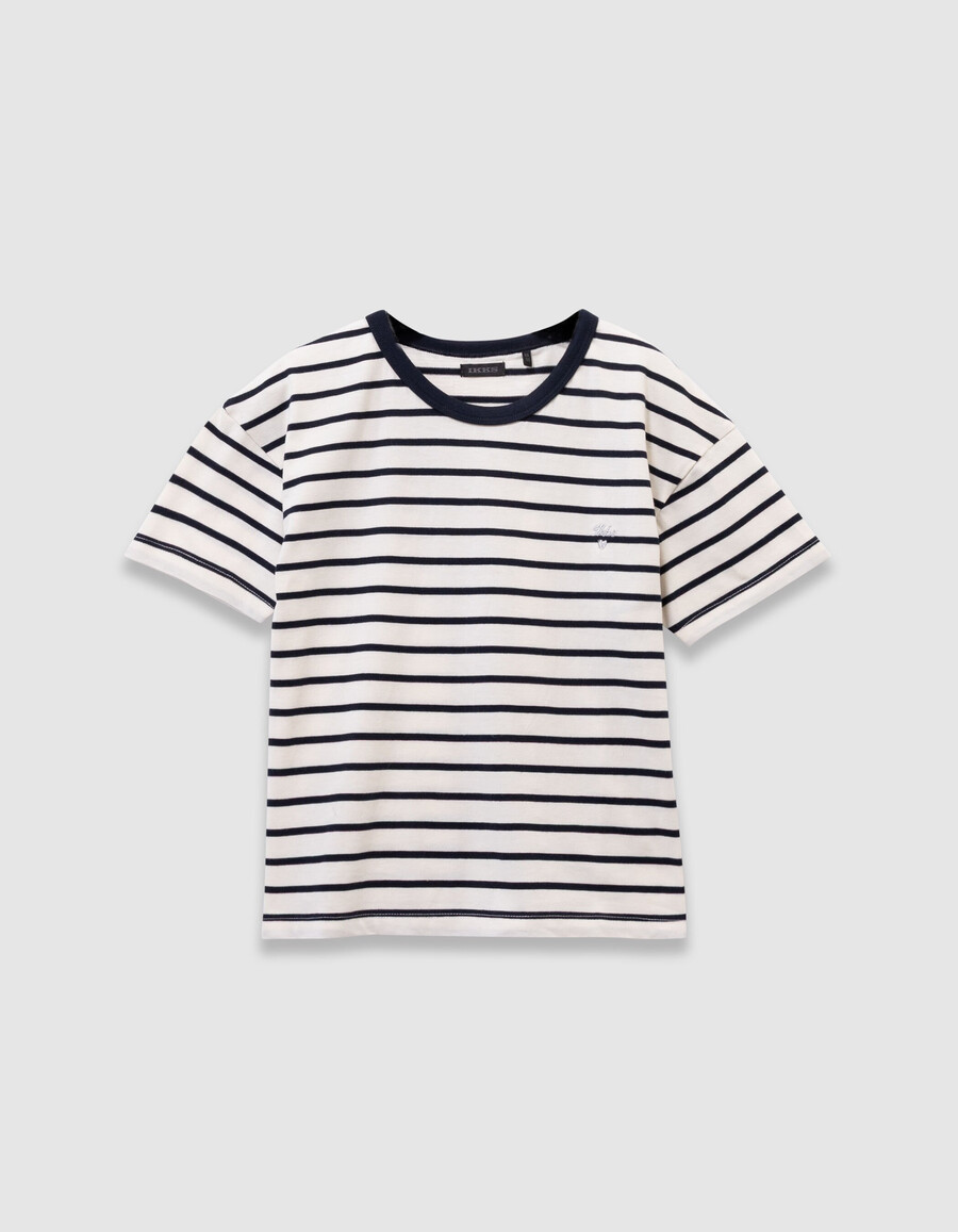 maglietta da marinaio in cotone biologico per bambine con strisce blu navy