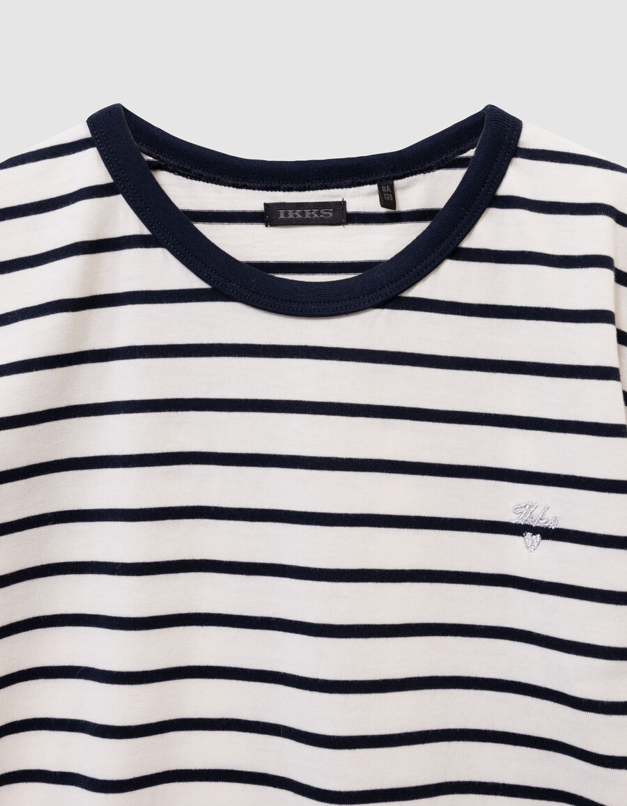 maglietta da marinaio in cotone biologico per bambine con strisce blu navy