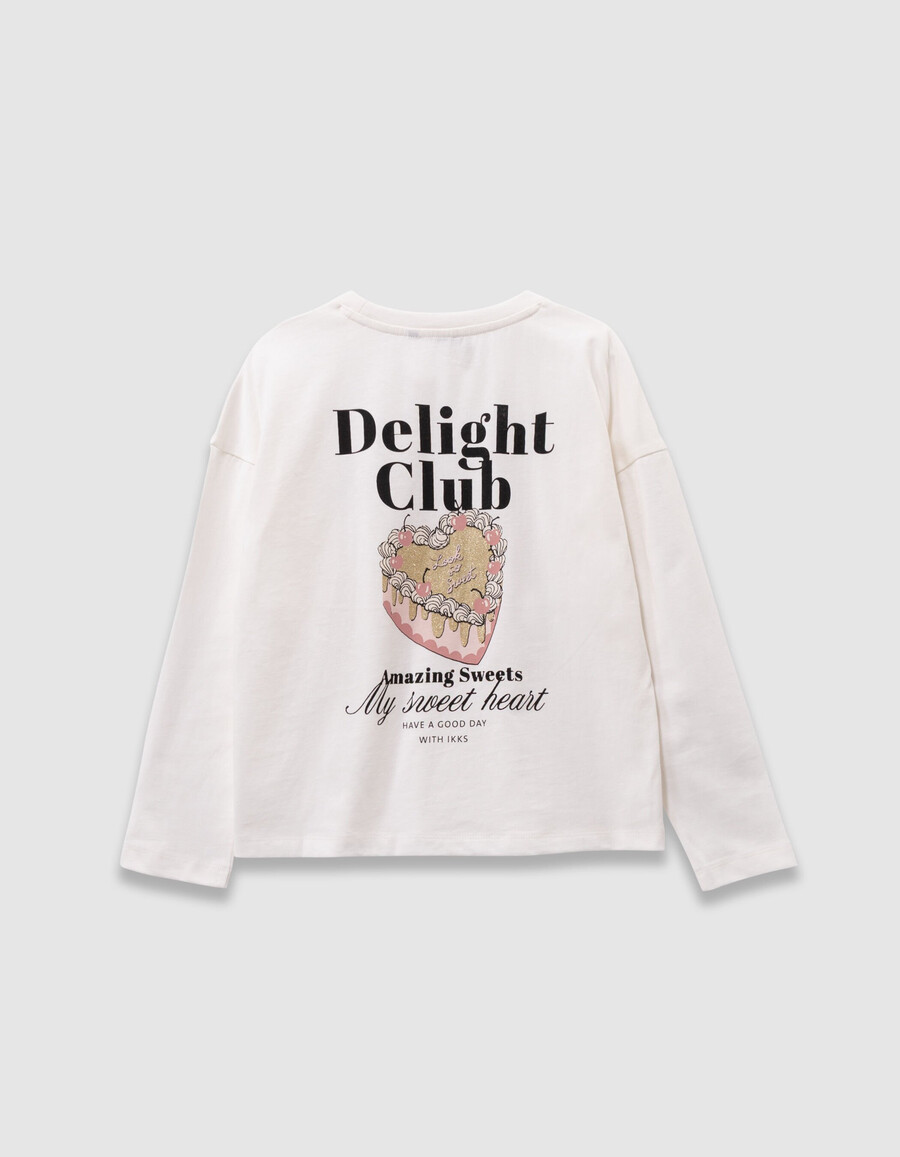 maglietta da bambina in cotone biologico color ecru con immagine di torta