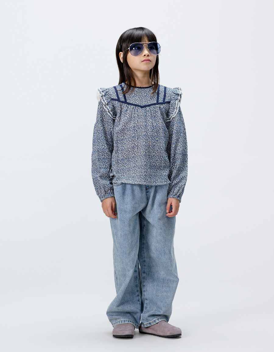 camicetta blu navy da bambina con stampa leopardata e fiocco