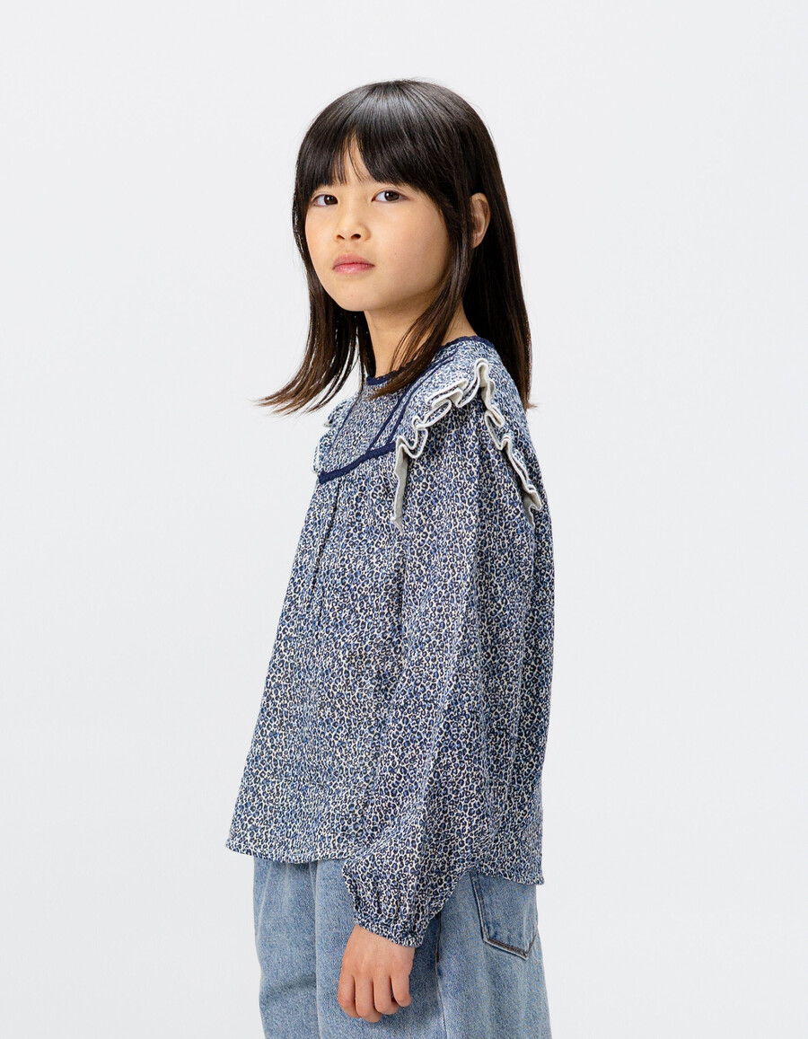 camicetta blu navy da bambina con stampa leopardata e fiocco