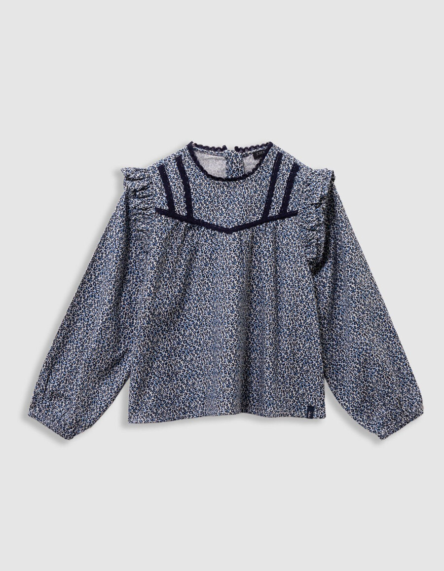 camicetta blu navy da bambina con stampa leopardata e fiocco