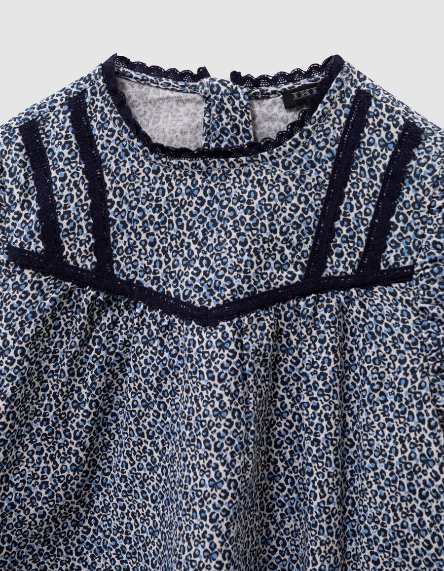 camicetta blu navy da bambina con stampa leopardata e fiocco