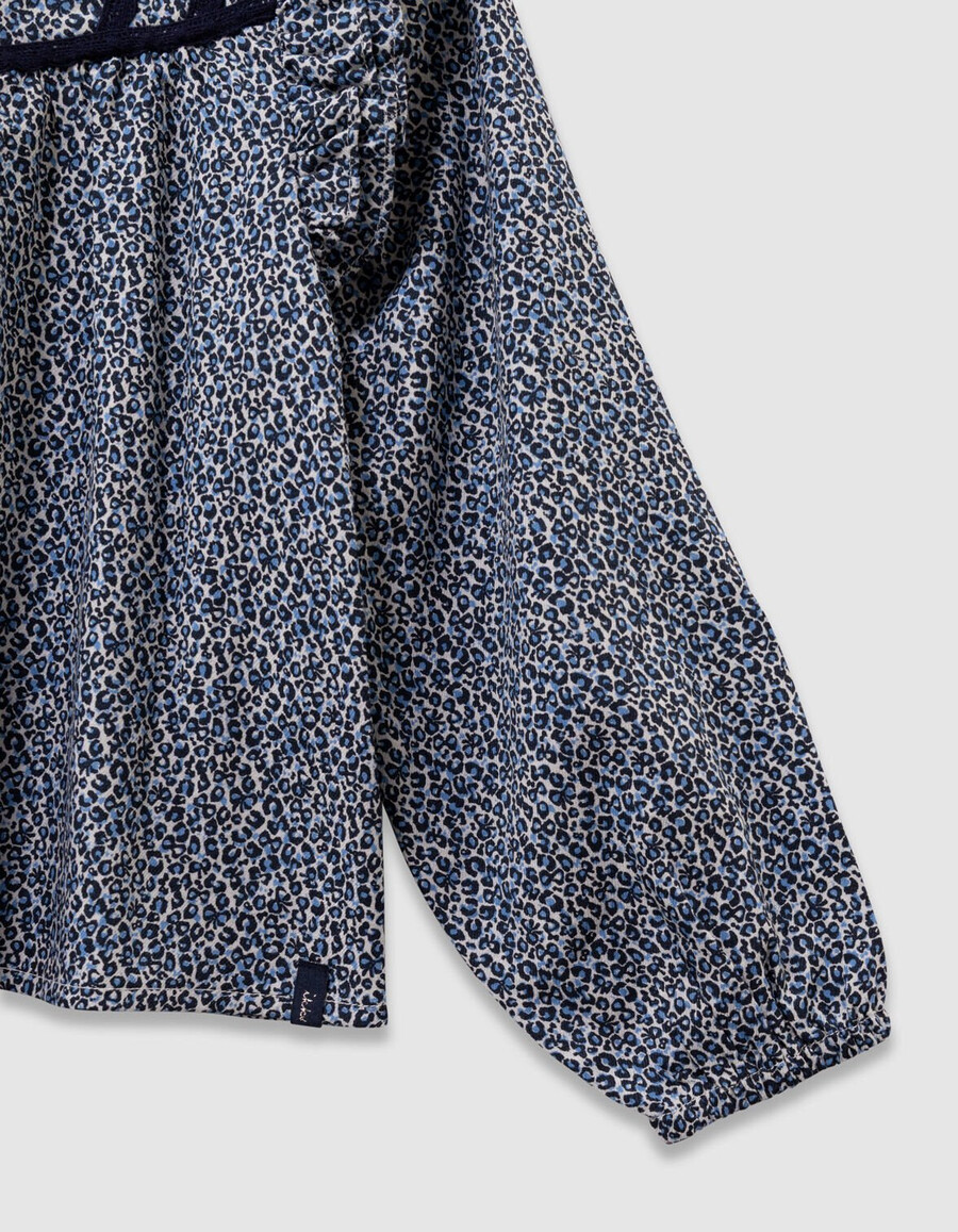 camicetta blu navy da bambina con stampa leopardata e fiocco