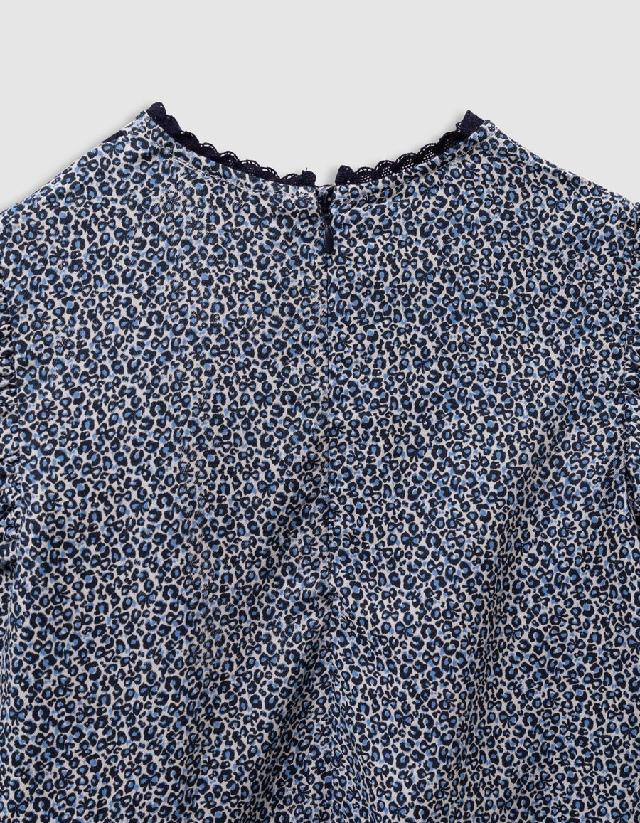 camicetta blu navy da bambina con stampa leopardata e fiocco