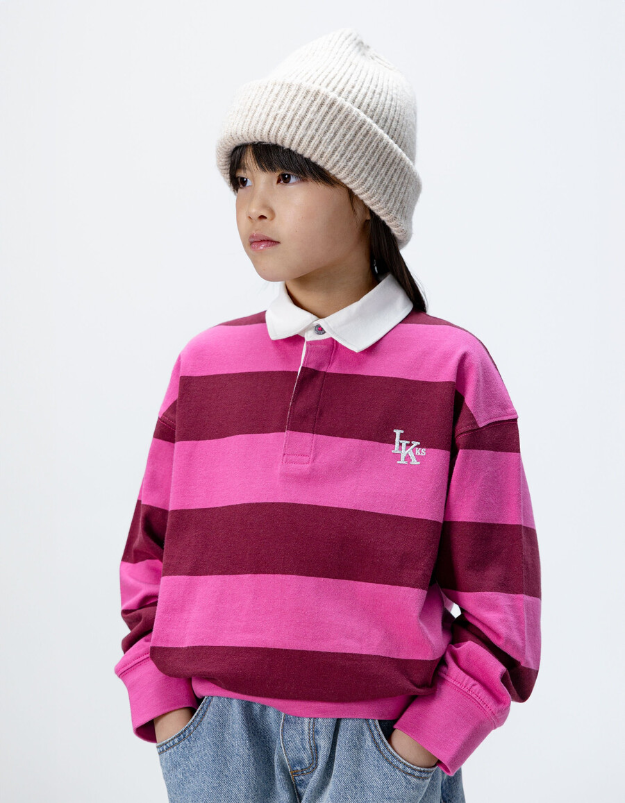 polo rosa in cotone biologico per bambine righe bordeaux