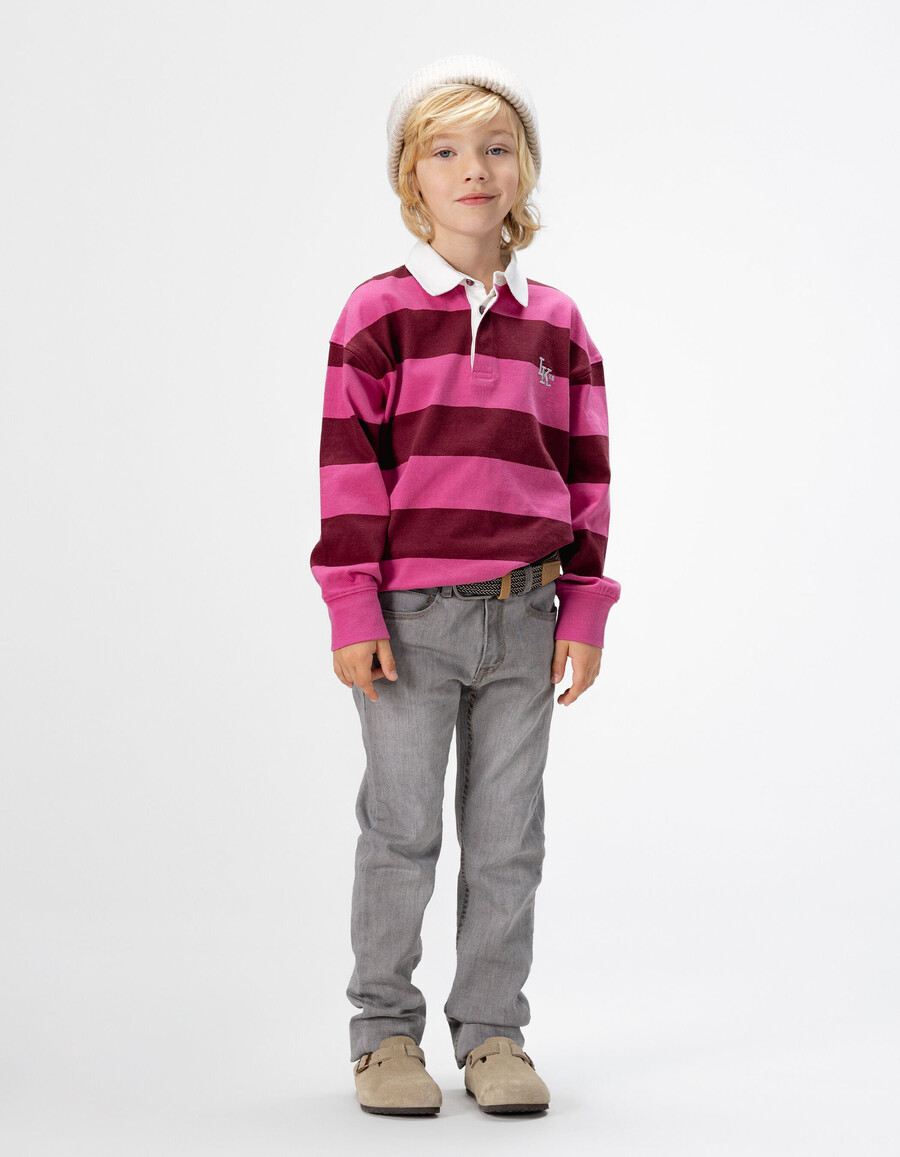 polo rosa in cotone biologico per bambine righe bordeaux