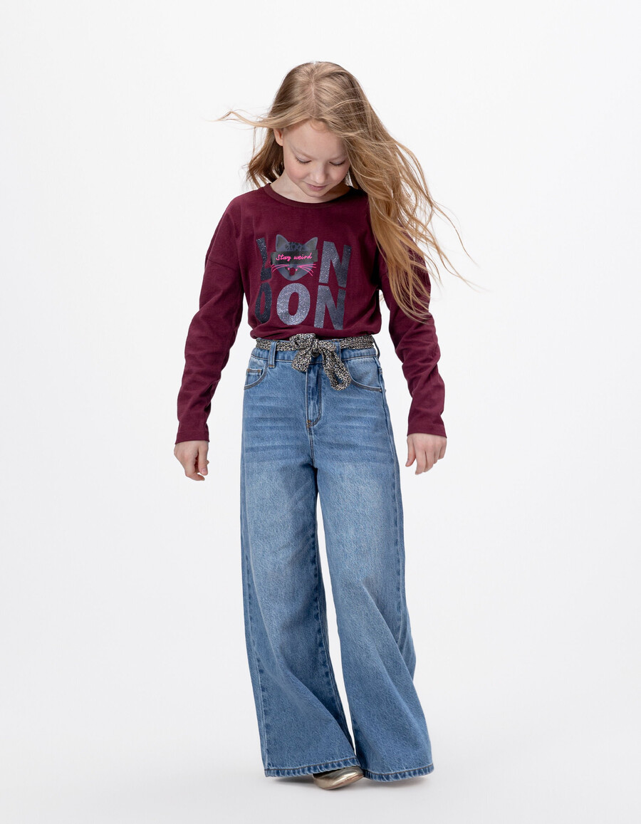 jeans blu a gamba larga per bambine con cintura leopardata