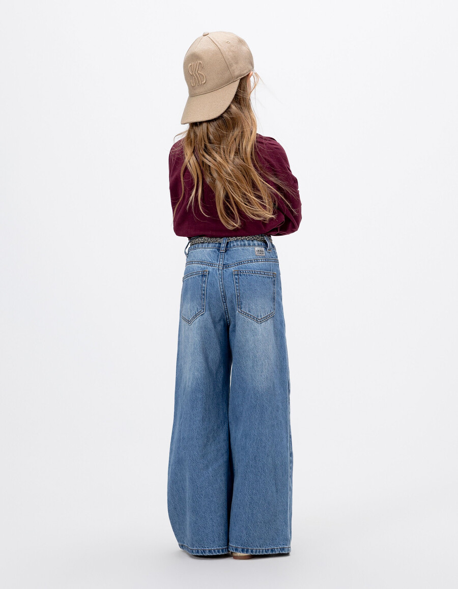 jeans blu a gamba larga per bambine con cintura leopardata