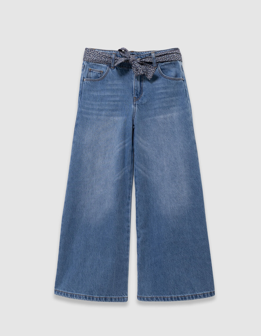 jeans blu a gamba larga per bambine con cintura leopardata
